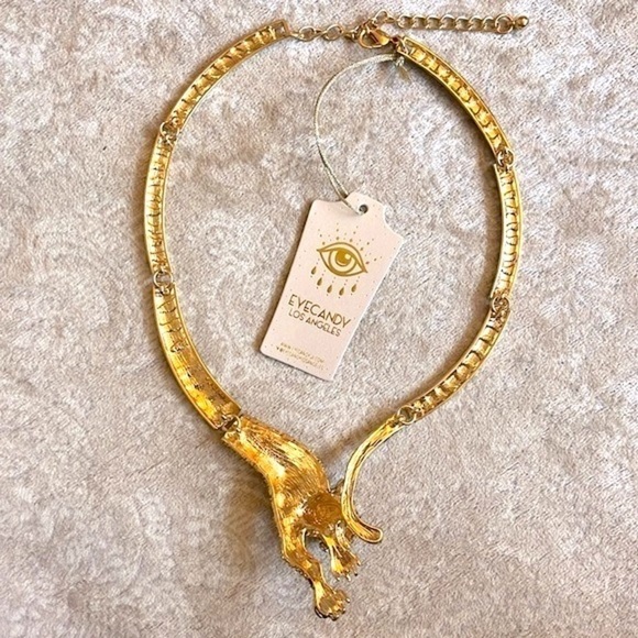 Brand New Eye Candy Gold Tone Crystal Leopard Collar Statement Necklace Jungle - Picture 12 of 15
